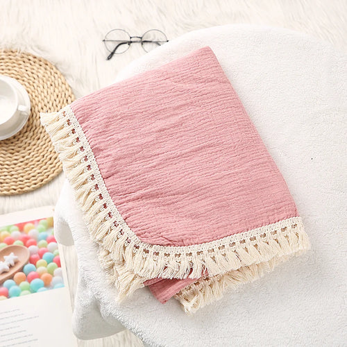 Cotton Muslin Swaddle Blankets for Newborn Baby Tassel Receiving