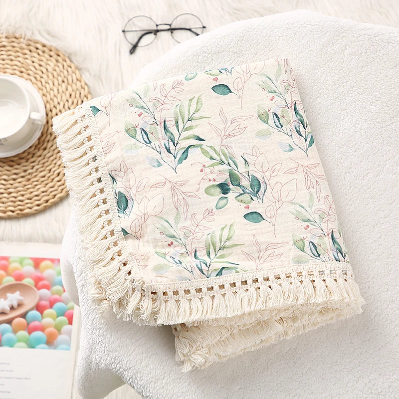 Cotton Muslin Swaddle Blankets for Newborn Baby Tassel Receiving