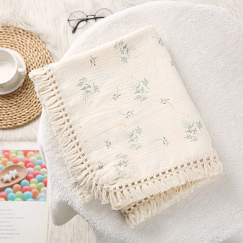 Cotton Muslin Swaddle Blankets for Newborn Baby Tassel Receiving