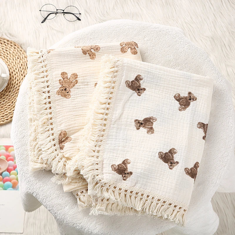 Cotton Muslin Swaddle Blankets for Newborn Baby Tassel Receiving